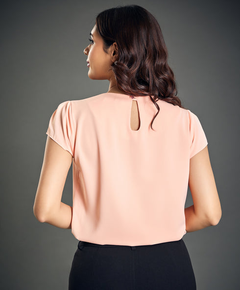 Neck Sharp Pleated Chiffon Pink Top